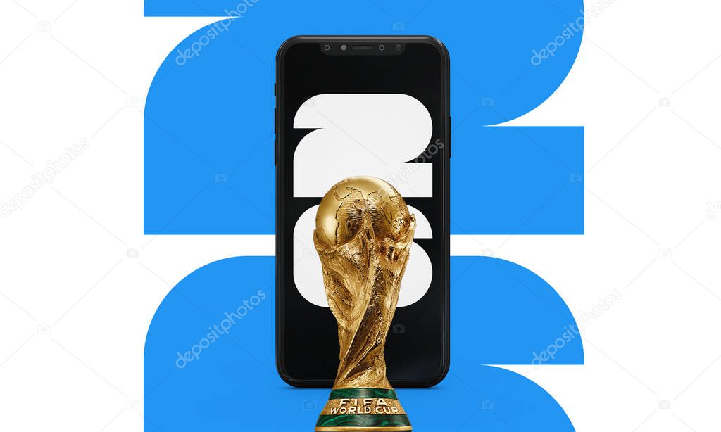 The 26 FIFA WORLD CUP logo trophy with mobile in North America. Hosted by the United States, Canada and Mexico. 3d rendering illustration