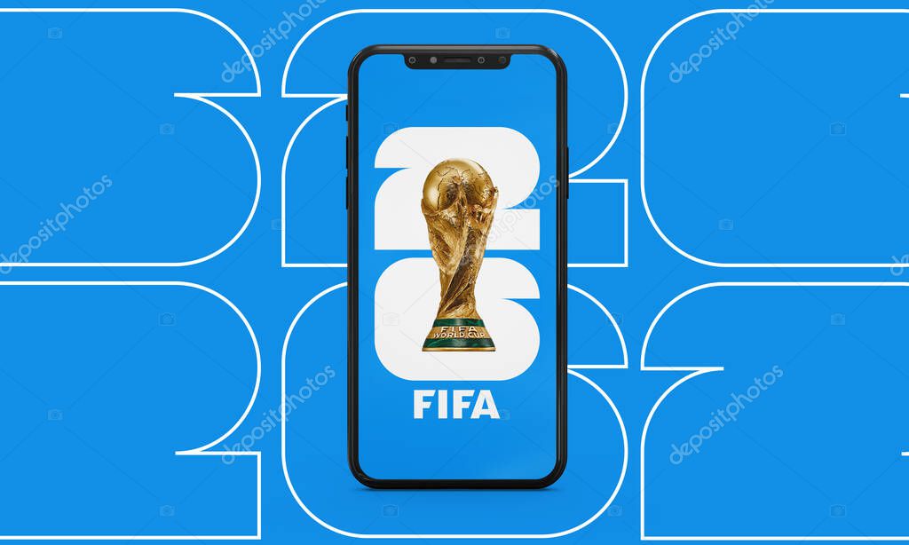 The 26 FIFA WORLD CUP logo trophy with mobile in North America. Hosted by the United States, Canada and Mexico. 3d rendering illustration