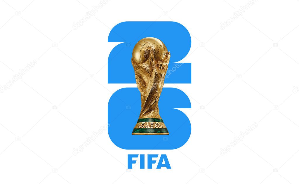 The 26 FIFA WORLD CUP logo trophy with mobile in North America. Hosted by the United States, Canada and Mexico. 3d rendering illustration