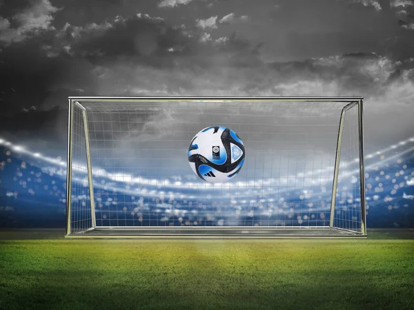 サッカーネットのお祝いの背景とFifaレディースワールドカップ2023トロフィー 女性サッカー3Dレンダリングイラスト — ストック写真