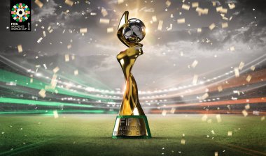 Karachi, Pakistan 10 Mart FIFA Kadınlar Dünya Kupası 2023 kupası logosu izole edilmiş arka plan, kadın futbol 3D illüstrasyon.