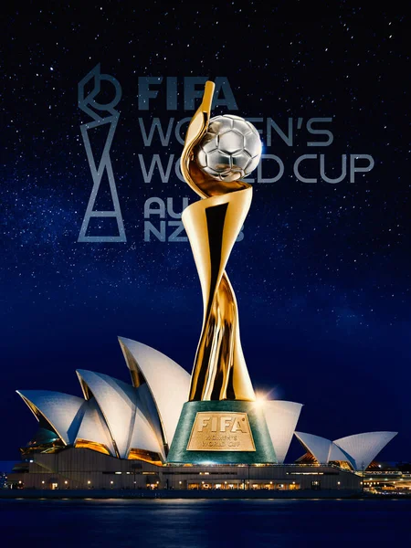 stock image Karachi, Pakistan 10 march FIFA Womens World Cup 2023 trophy with logo isolated background , women football 3d rendering illustration.