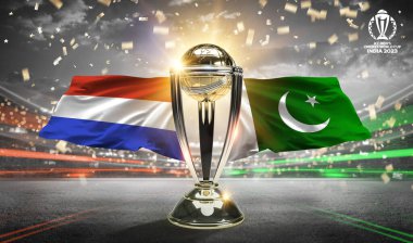 Karachi, Pakistan, 12 Temmuz. Pakistan, Hollanda 'ya karşı 2023 Dünya Kupası ödüllü stadyum 3D resimli bayraklar.