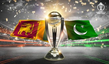 Karachi, Pakistan, 12 Temmuz. Pakistan, Sri Lanka icc Dünya Kupası 2023 bayraklarına karşı kupa kutlama stadyumu 3D resimli..