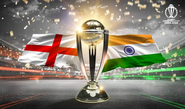 stock image Karachi, Pakistan, 12 july. india vs England icc world cup 2023 flags with trophy celebration stadium 3d rendering illustration.