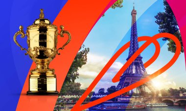 Karachi, Pakistan March 20, 2023, Brand identity of Rugby World Cup 2023 France, hand with mobile isolated, 3d rendering Illustration. clipart