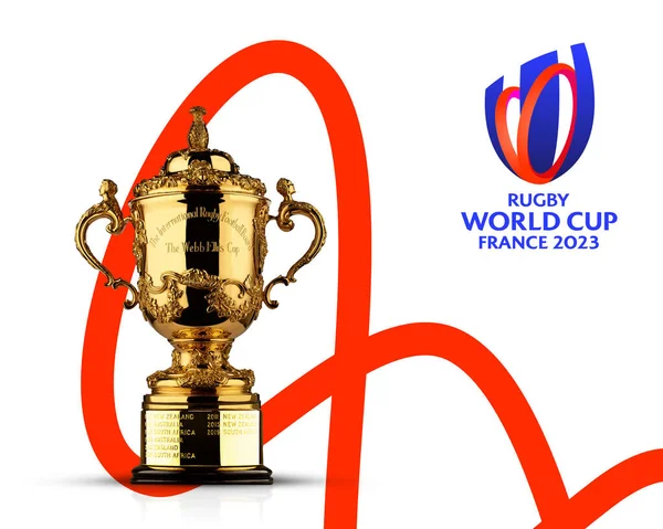 stock image Karachi, Pakistan March 20, 2023, Brand identity of Rugby World Cup 2023 France, hand with mobile isolated, 3d rendering Illustration.