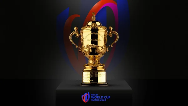 Stock image Karachi, Pakistan March 20, 2023, Brand identity of Rugby World Cup 2023 France, hand with mobile isolated, 3d rendering Illustration.