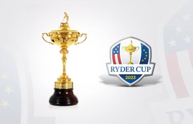 Karachi, Pakistan - 10 Temmuz, Ryder Kupası ile kupa. Ryder Kupası 2023. Ryder Kupası golf turnuvası 3 boyutlu resimleme.