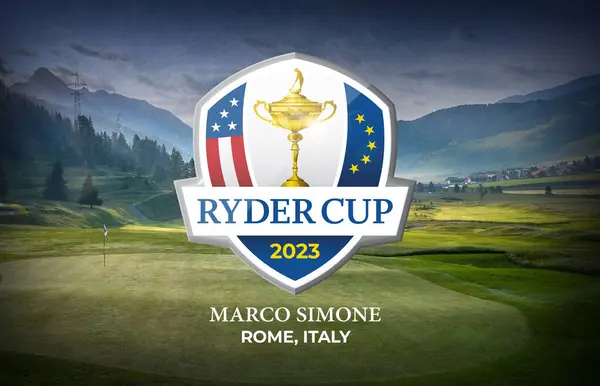 stock image Karachi, Pakistan - July 10, Ryder Cup with the trophy. Ryder Cup 2023. Ryder Cup golf tournament 3D rendering illustration.