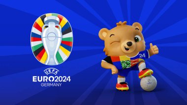 Karachi Pakistan 24 Mart. Avrupa Kupası logosu ve bayrakları Futbol Şampiyonası 2024 Renkli arka plan 3D resimleme.