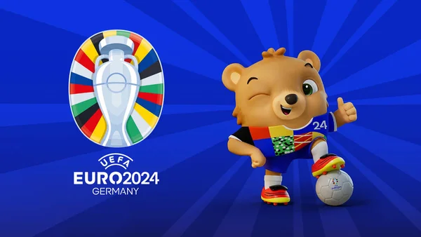 Karachi Pakistan 24 Mart. Avrupa Kupası logosu ve bayrakları Futbol Şampiyonası 2024 Renkli arka plan 3D resimleme.