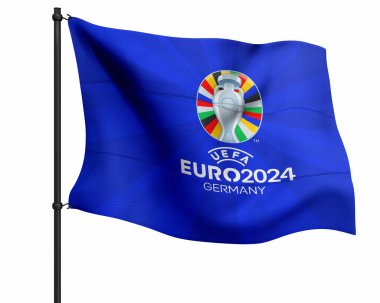 Karachi Pakistan 24 Mart. Avrupa Kupası logosu ve bayrakları Futbol Şampiyonası 2024 Renkli arka plan 3D resimleme.