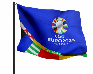 Karachi Pakistan 24 Mart. Avrupa Kupası logosu ve bayrakları Futbol Şampiyonası 2024 Renkli arka plan 3D resimleme.
