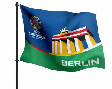Karachi Pakistan 24 Mart. Avrupa Kupası logosu ve bayrakları Futbol Şampiyonası 2024 Renkli arka plan 3D resimleme.