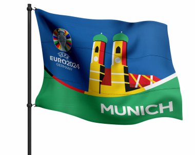 Karachi Pakistan 24 Mart. Avrupa Kupası logosu ve bayrakları Futbol Şampiyonası 2024 Renkli arka plan 3D resimleme.
