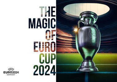 Karachi Pakistan 24 Mart. Avrupa Kupası logosu ve Kupa Futbol Şampiyonası 2024 Renkli arka plan 3D resimleme.