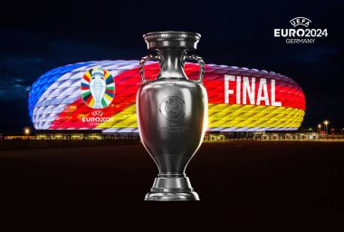 Karachi Pakistan 24 Mart. Avrupa Kupası logosu ve Kupa Futbol Şampiyonası 2024 Renkli arka plan 3D resimleme.