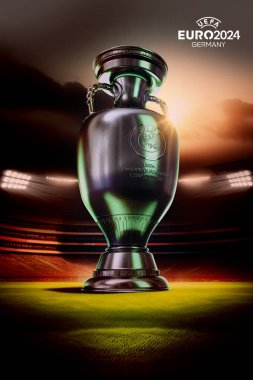 Karachi Pakistan 24 March. Euro Cup logo and Trophy Football championship 2024 colourful background 3d rendering illustration. clipart