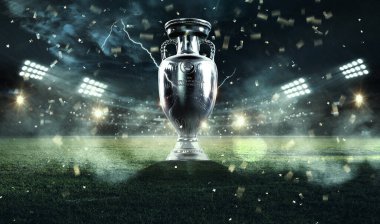 Karachi Pakistan 24 Mart. Avrupa Kupası logosu ve Kupa Futbol Şampiyonası 2024 Renkli arka plan 3D resimleme.