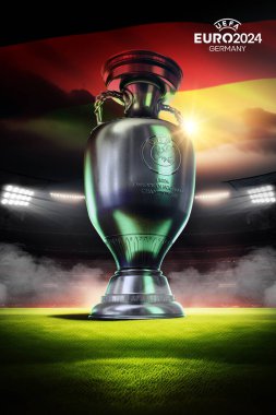 Karachi Pakistan 24 Mart. Avrupa Kupası logosu ve Kupa Futbol Şampiyonası 2024 Renkli arka plan 3D resimleme.
