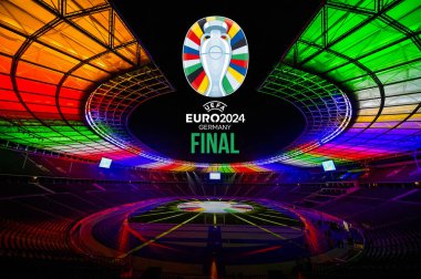Karachi Pakistan 24 March. Euro Cup logo and Trophy Football championship 2024 colourful background 3d rendering illustration. clipart