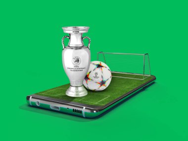 Karachi Pakistan 24 Mart. Avrupa Kupası logosu ve Kupa Futbol Şampiyonası 2024 Renkli arka plan 3D resimleme.