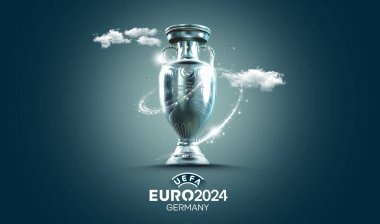 Karachi Pakistan 24 Mart. Avrupa Kupası logosu ve Kupa Futbol Şampiyonası 2024 Renkli arka plan 3D resimleme.