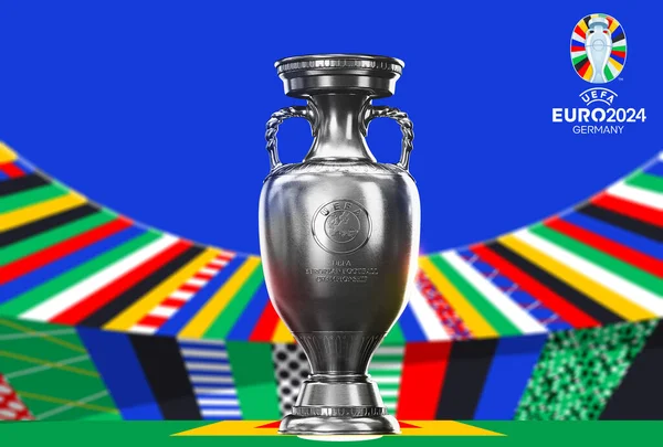Karachi Pakistan 24 Mart. Avrupa Kupası logosu ve Kupa Futbol Şampiyonası 2024 Renkli arka plan 3D resimleme.