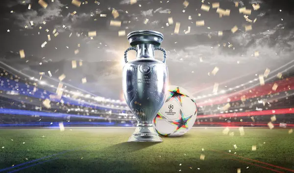 3月24日 卡拉奇欧洲杯标志及奖杯足球锦标赛2024色彩斑斓背景3D解说 — 图库照片