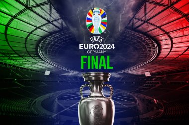 Karachi Pakistan 24 Mart. Avrupa Kupası logosu ve Kupa Futbol Şampiyonası 2024 Renkli arka plan 3D resimleme.