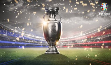 Karachi, Pakistan. 27 Kasım. UEFA Avrupa Kupası 2024 Kupası futbol topunun izole edilmiş arka planıyla. 3d resimleme.