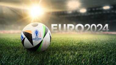 Karachi, Pakistan. 27 Kasım. UEFA Avrupa Kupası 2024 Kupası futbol topunun izole edilmiş arka planıyla. 3d resimleme.