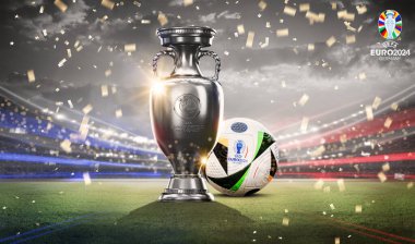 Karachi, Pakistan. 27 Kasım. UEFA Avrupa Kupası 2024 Kupası futbol topunun izole edilmiş arka planıyla. 3d resimleme.