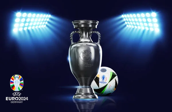 stock image Karachi, Pakistan. 27 November. UEFA Euro Cup 2024 Trophy with Soccer ball football Isolated background. 3d rendering illustration.