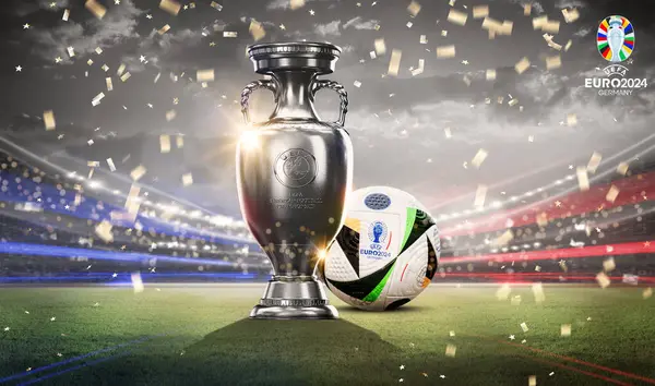 Karachi, Pakistan. 27 Kasım. UEFA Avrupa Kupası 2024 Kupası futbol topunun izole edilmiş arka planıyla. 3d resimleme.