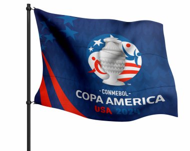 Karachi, Pakistan, 02 Kasım 2023: Copa America 2024 turnuva bayrağı logosu, 3D çizimi, illüstrasyonu.