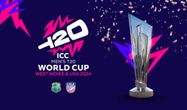 Karachi, Pakistan, Aralık 2023, ICC Mens T20 Dünya Kupası 2024 kupası, ABD ve Batı Hint Adaları. 3d resimleme.