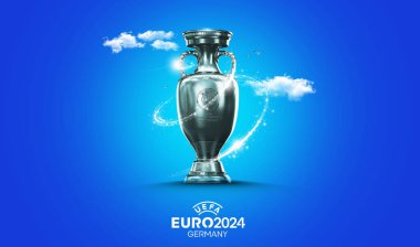 Karachi, Pakistan. 31 Mayıs. UEFA EURO 2024 Kupa Kutlamaları Siyah arka planda kupa kazandı. 3d resimleme