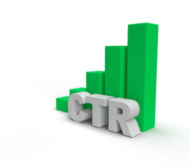 Beyazda büyüyen yeşil çubuk CTR grafiği. Gelir büyüme konsepti. 3d resimleme.