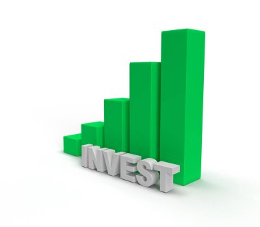 Büyüyen yeşil çubuk grafiği beyaza yatırım. Gelir büyüme konsepti. 3d resimleme.
