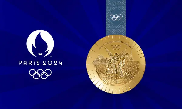 Pakistan Karaçi, Temmuz 2024, Olimpiyat Oyunları Paris 2024 Altın Madalya 3D resim.