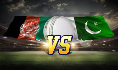 Afganistan, Pakistan Kriket Maçı bayraklarıyla kriket topuna karşı. Stadyum Backdrop3D Yapılandırıldı 