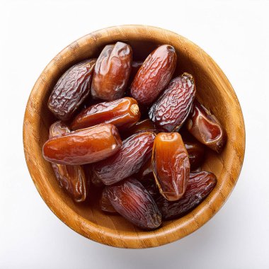 Firefly Wooden bowl with dried tasty dates on white background clipart