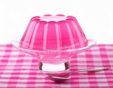 Kareli izole bir yerde cam bir kasede pembe jöle küpleri. ai oluşturuldu