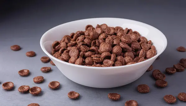 stock image Chocolate cereals in white bowl. Chocolate flavored corn flakes. Wheat. Cocoa. Crispy. ai generated