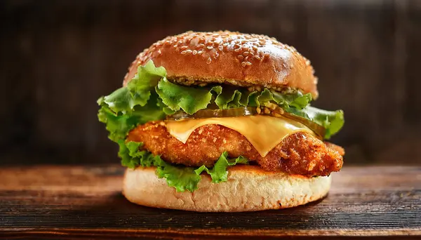  Tavuk burger vitrini, Renkli Ton- taze yeşiller ve sıcak hamburger renkleri. ai oluşturuldu