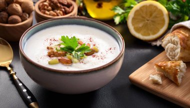 Traditional delicious Turkish food; Yoghurt soup (Turkish name; yayla corba). ai generated  clipart