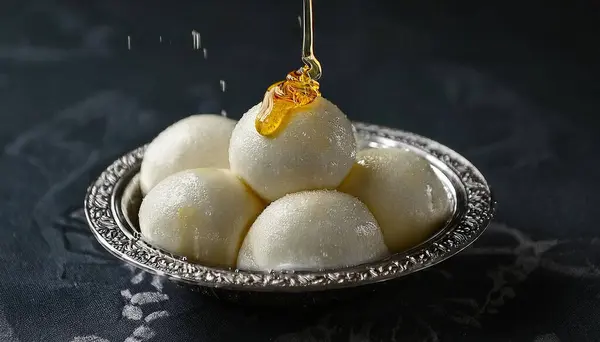 stock image Pouring sugar syrup on top of rasgulla Indian dessert 