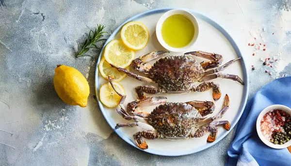 Stock image Plate with mediterranean steamed, cooked blue crabs, lemons, olive oil and lemon juice dressing on a black plate. Caught in italian sea. Dark stone background. ai generated